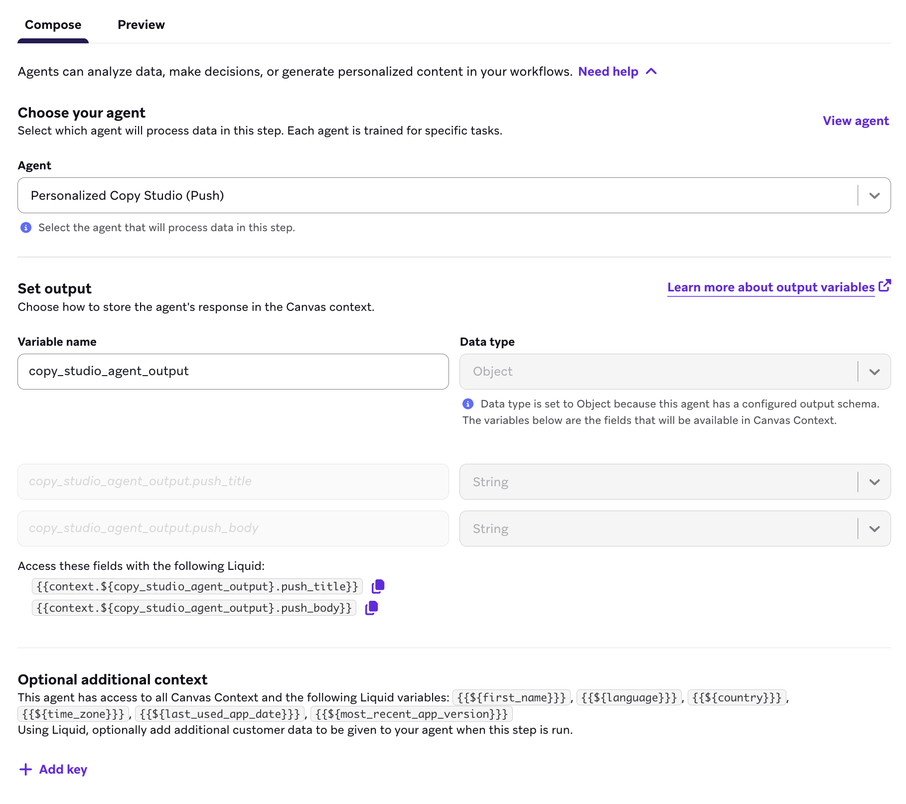 Agent-Schritt für Body HTML Writer mit einem Objekt-Datentyp als Ausgabe für die Variable „agent_output“.