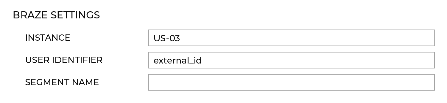 Der Abschnitt „Braze Settings“ mit der Instanz „US-03“, dem Nutzerbezeichner „external_id“, leerem Segmentnamen, dem S3-Bucket „amperity-training-abc123“ und dem S3-Ordner „braze-attributes“.