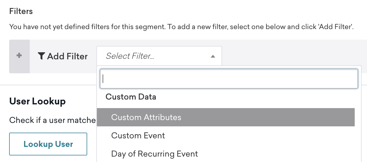 Dropdown-Liste der Filter mit angepassten Attributen in der Kategorie „Angepasste Daten“.