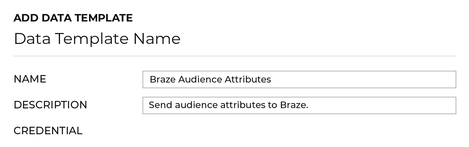 Der Abschnitt „Data Template Name“ mit dem Namen „Braze Audience Attributes“ und der Beschreibung „Send audience attributes to Braze.“