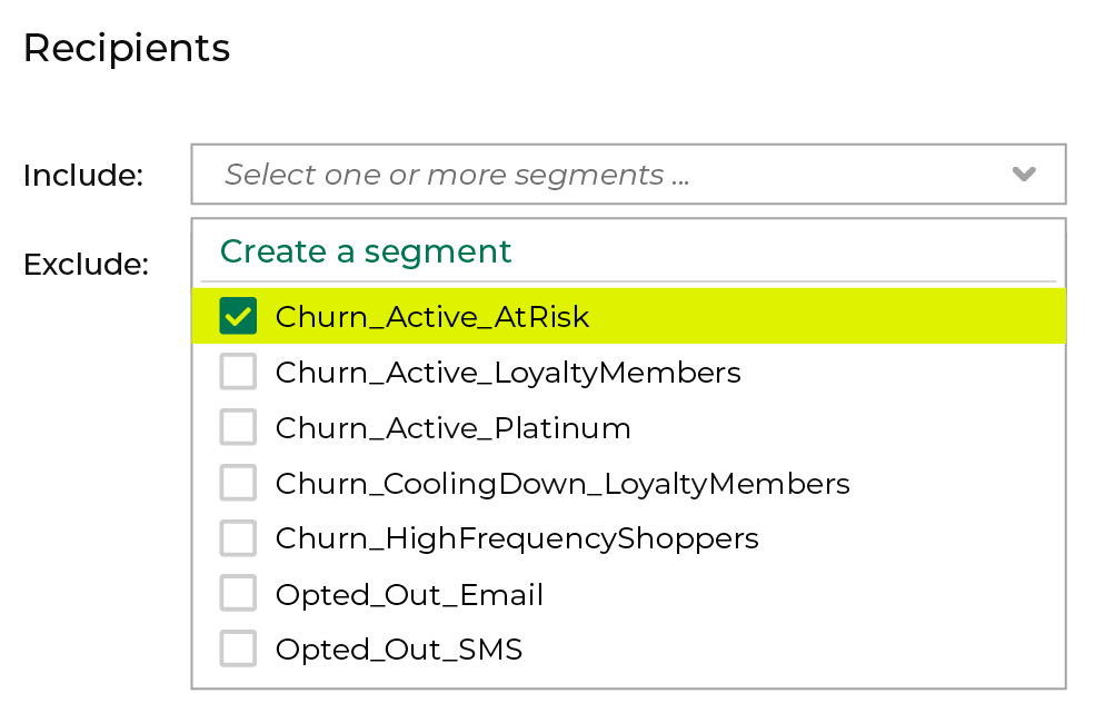 Das Dropdown-Feld für Segmente, die vom Targeting ausgeschlossen werden sollen.