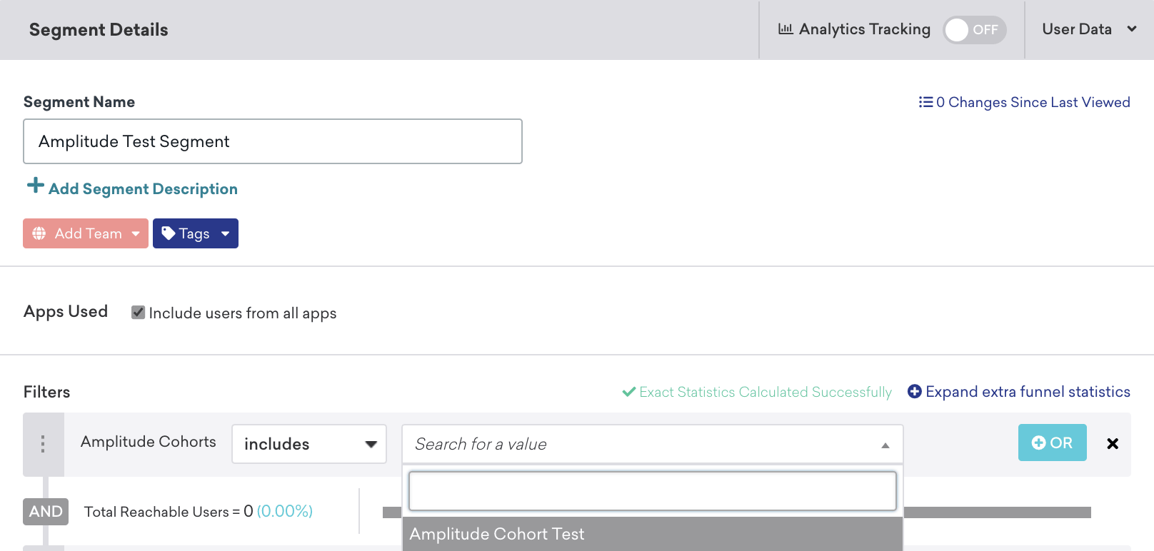 Im Braze-Segment-Builder ist der Filter „amplitude_cohorts“ auf „includes_value“ und „Amplitude cohort test“ gesetzt.