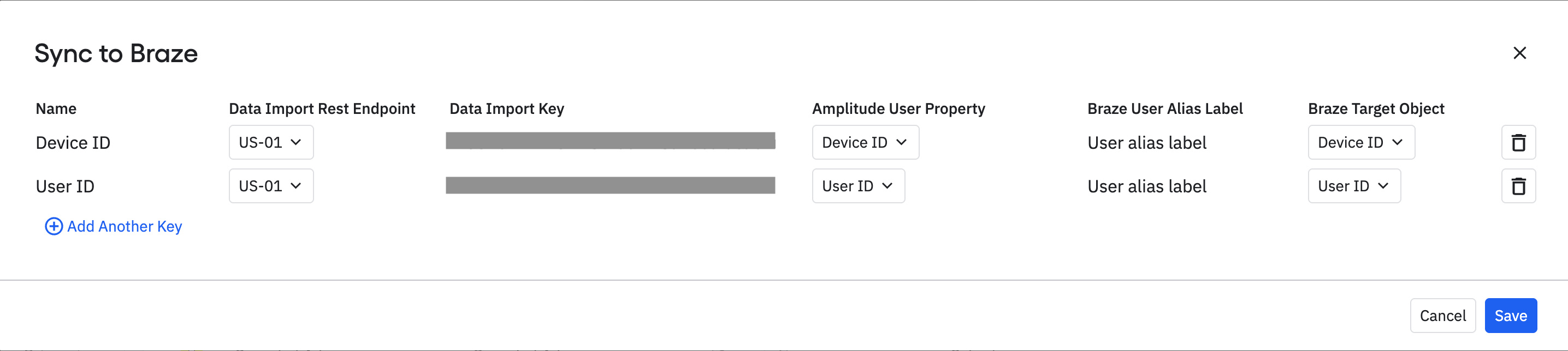 Braze-Technologie-Partnerseite für Amplitude mit Datenimport-Schlüssel und Endpunkt.