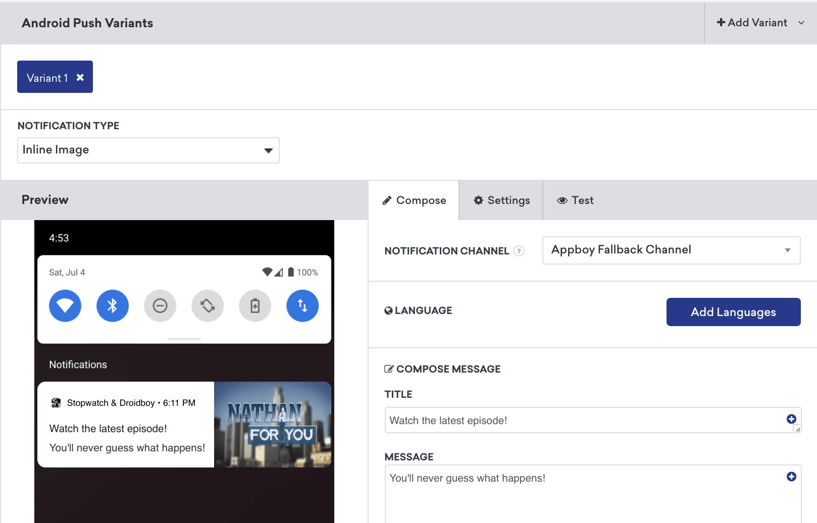 Der Push-Campaign-Editor zeigt die Position des Dropdown-Menüs „Notification Type“ oberhalb der Standard-Push-Vorschau.