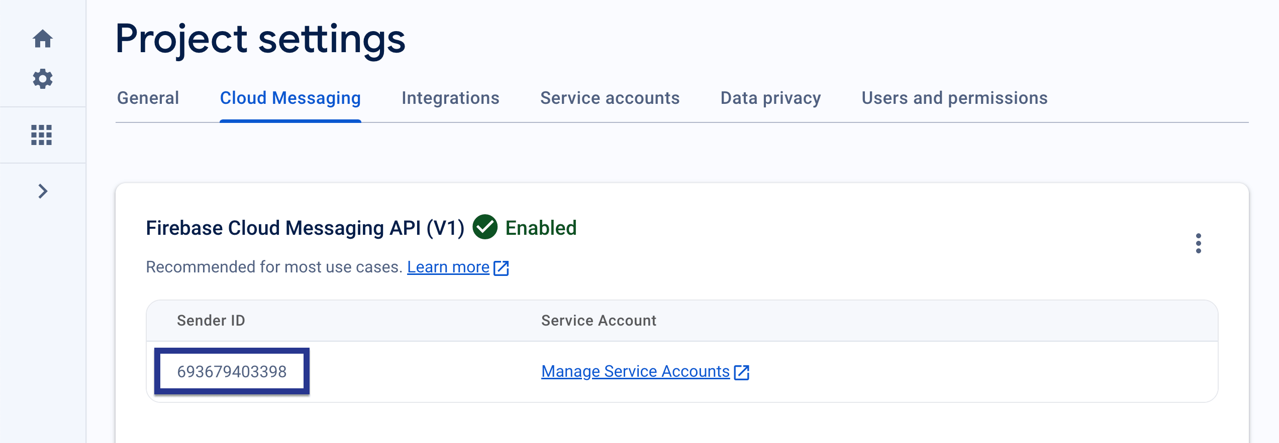 Die Seite „Cloud Messaging“ des Firebase-Projekts mit hervorgehobener „Sender ID“.