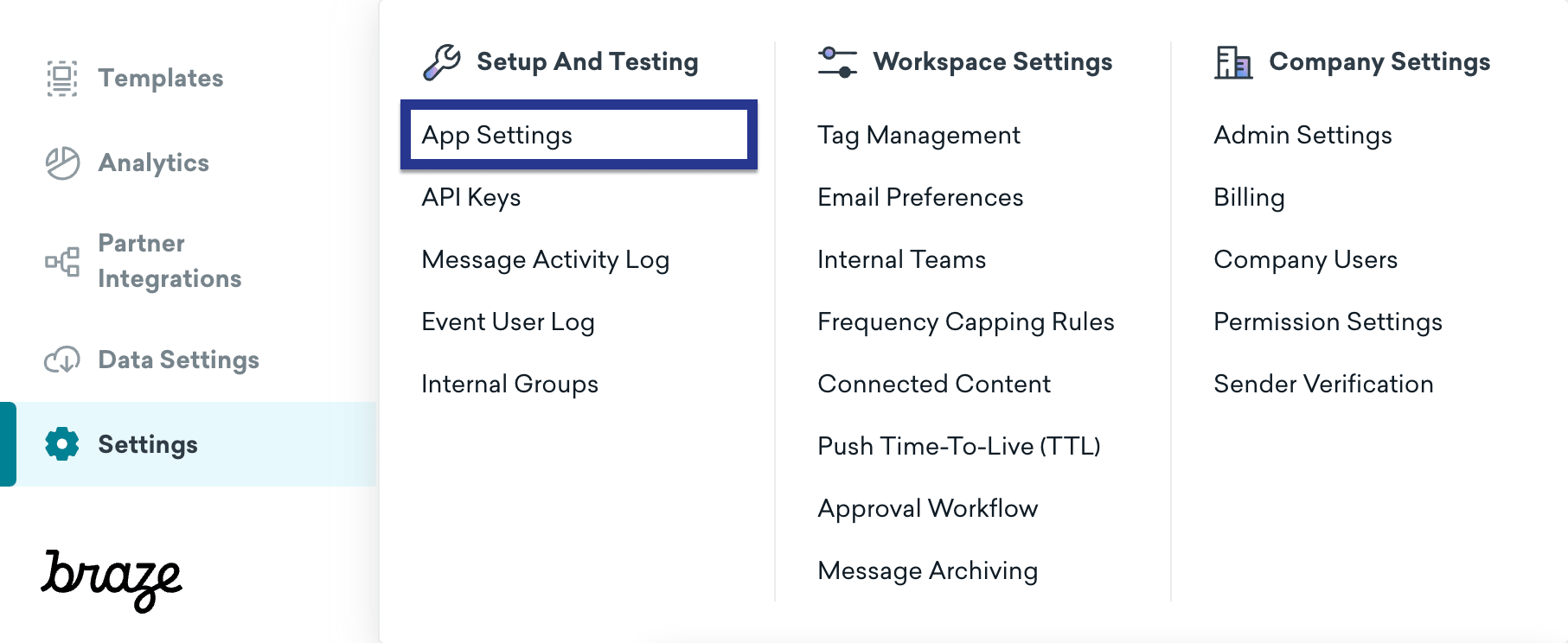 Das geöffnete Menü „Settings“ in Braze, wobei „App Settings“ hervorgehoben ist.