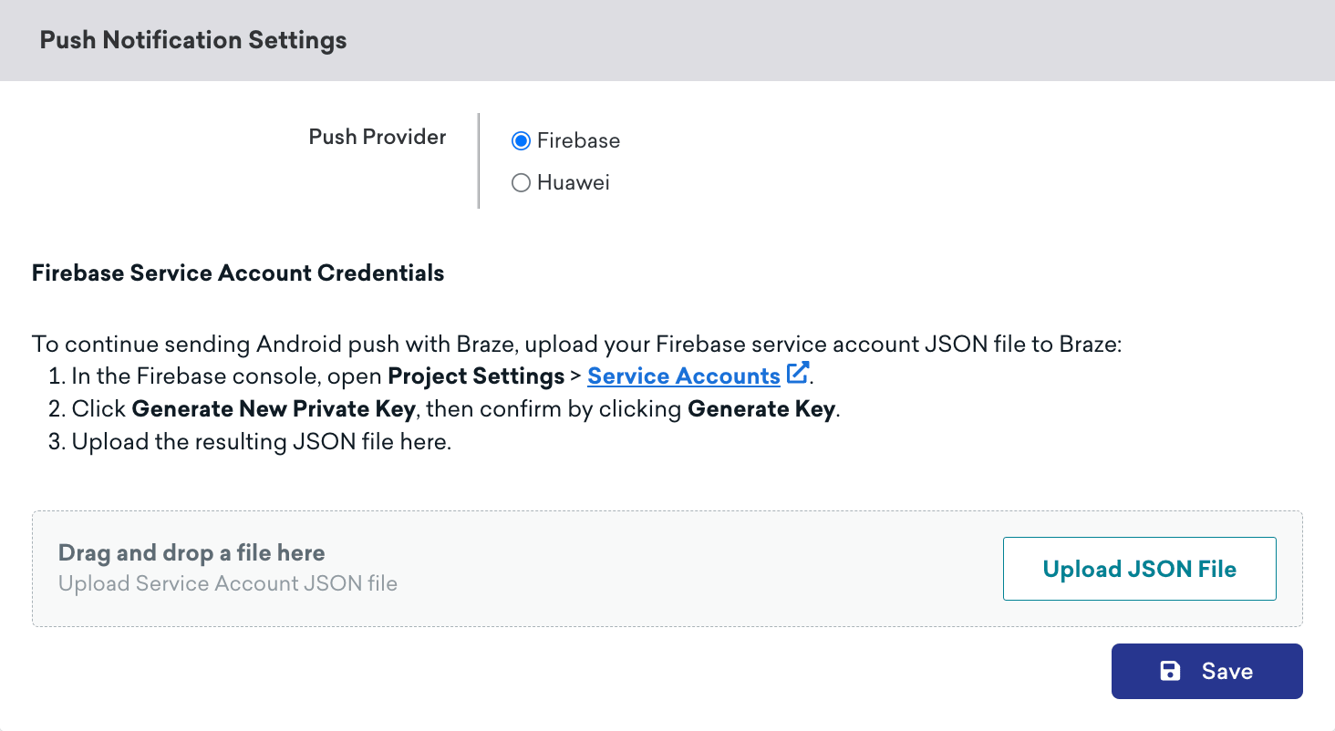 Das Formular für „Push Notification Settings“ mit „Firebase“ als ausgewähltem Push-Anbieter.