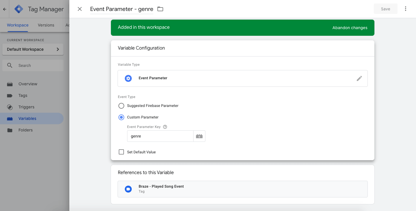Eine Variable im Google Tag Manager, bei der „genre“ als Event-Parameter für das Tag „Braze - Played Song Event“ hinzugefügt wird.