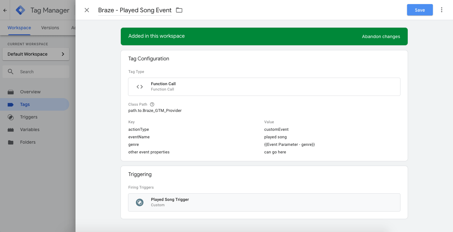 Ein Tag im Google Tag Manager mit Klassenpfad- und Schlüssel-Wert-Paar-Feldern. Dieses Tag ist so eingestellt, dass es mit dem zuvor erstellten Trigger „played song“ ausgelöst wird.