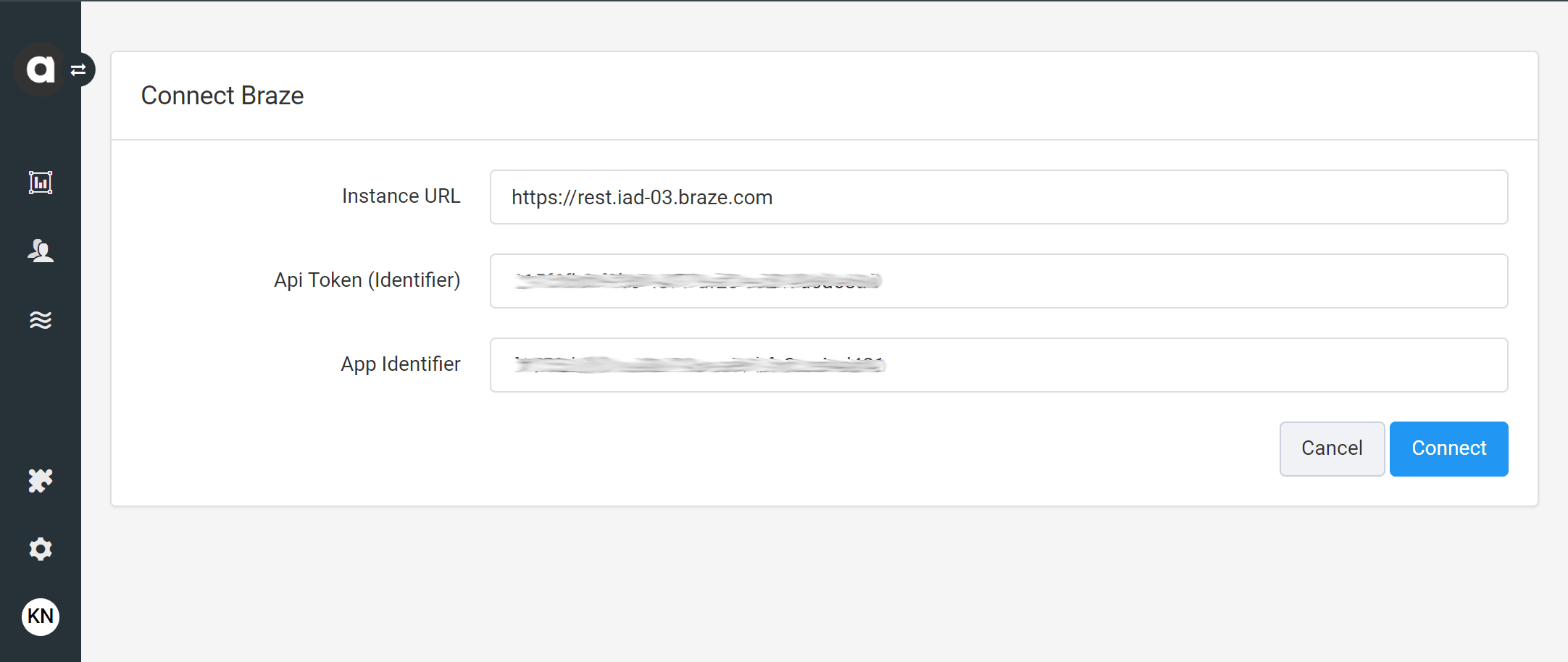 Braze-Verbindungsbildschirm in Antavo mit Instanz-URL, API-Token und App-Bezeichner.