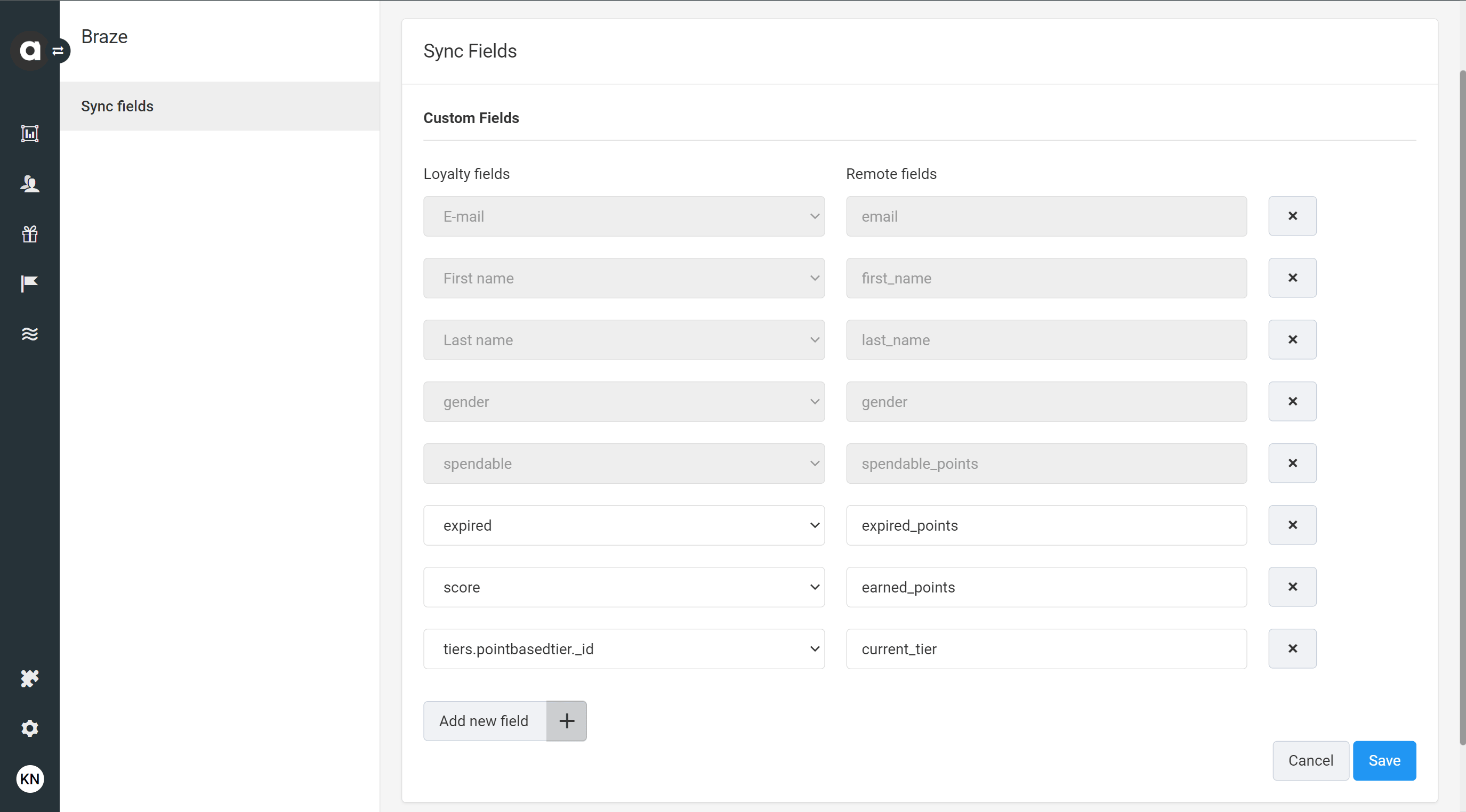 Seite „Sync Fields“ in Antavo.