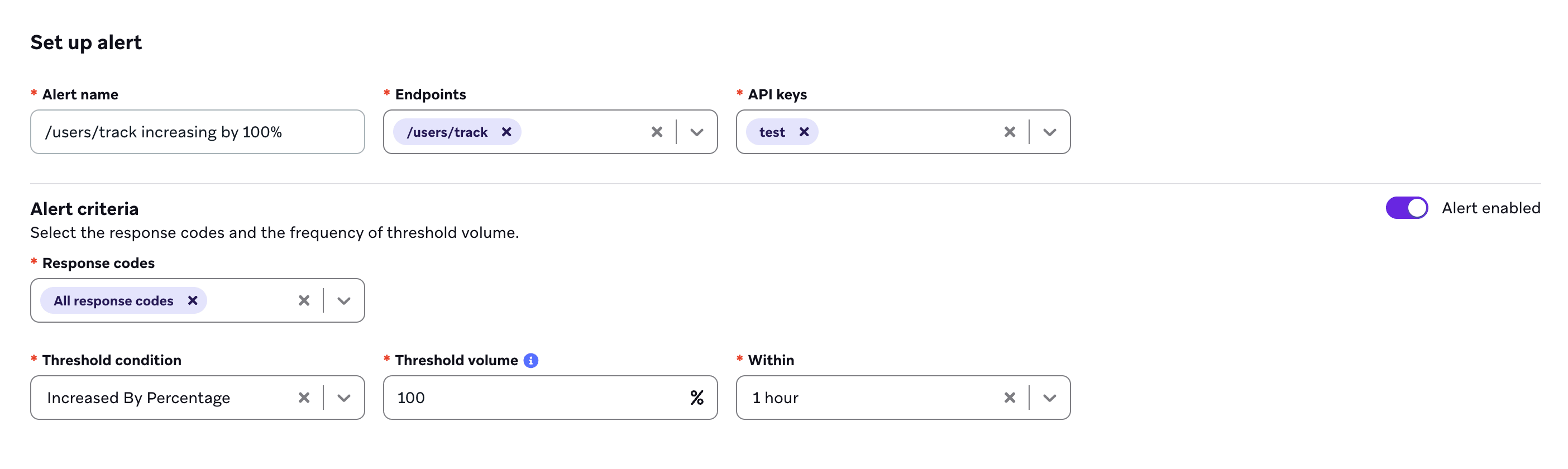 Ein Beispiel für eine API-Nutzungswarnung, die Benachrichtigungen sendet, wenn der Track-Users-Endpunkt innerhalb einer Stunde um 100 Prozent ansteigt.