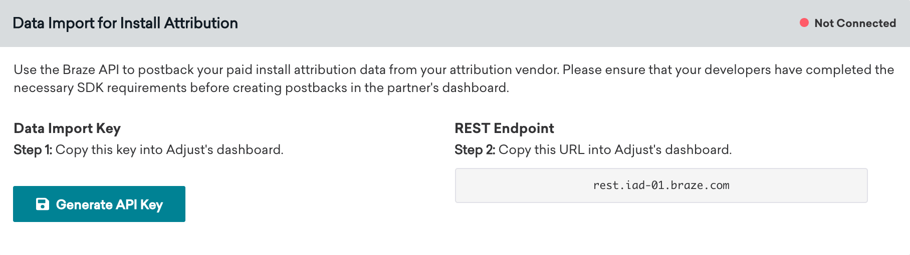 Dieses Bild zeigt das Feld „Datenimport für Install-Attribution“ auf der Adjust-Technologieseite. In diesem Feld werden Ihnen der Datenimport-Schlüssel und der REST-Endpunkt angezeigt.