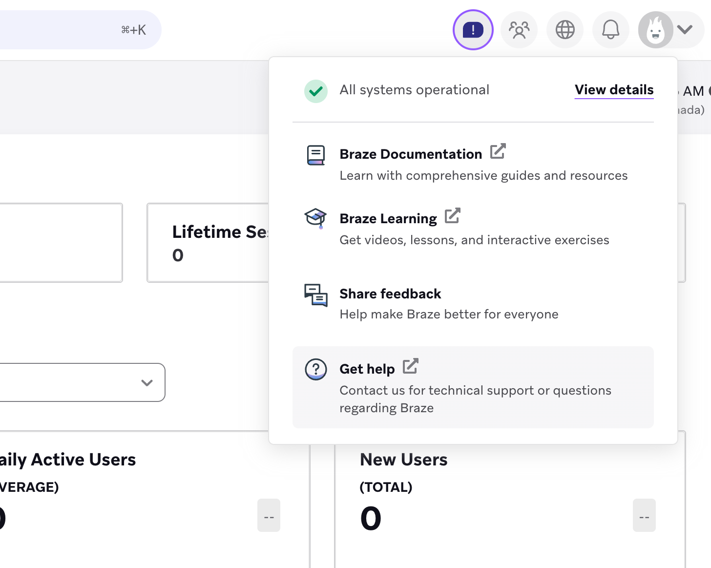 Braze-UI mit dem Button „Hilfe erhalten“ unter dem Button „Support“ in der oberen Navigationsleiste.