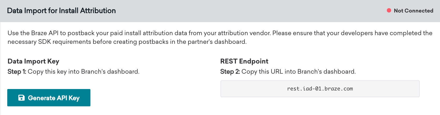 Dieses Bild zeigt das Feld „Datenimport für Install-Attribution“ auf der Branch-Technologieseite. In diesem Feld werden Ihnen der Datenimport-Schlüssel und der REST-Endpunkt angezeigt.