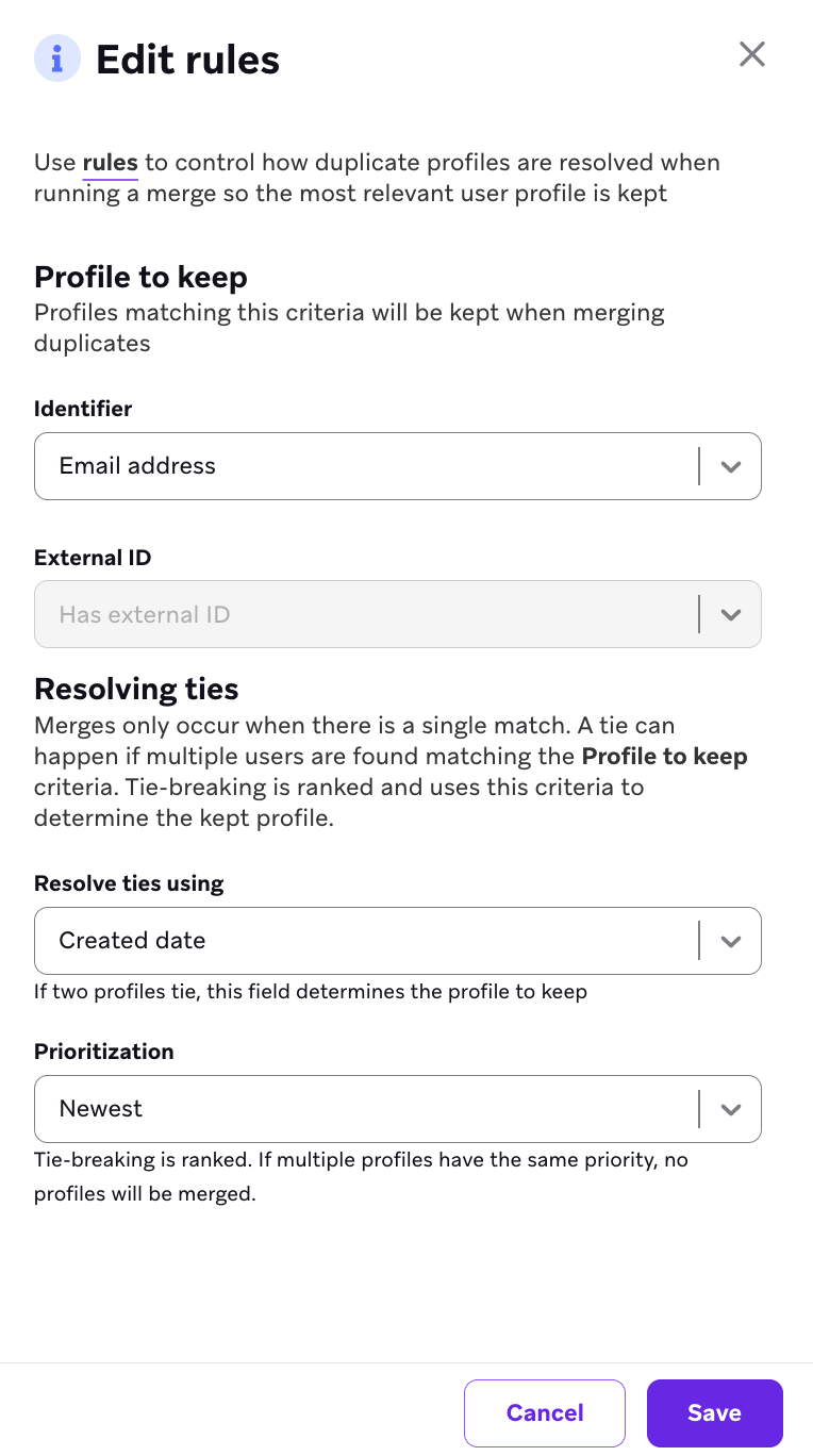 Das Panel „Edit rules“ mit Abschnitten zur Auswahl von Optionen für „Profile to keep“ und „Resolving ties“.