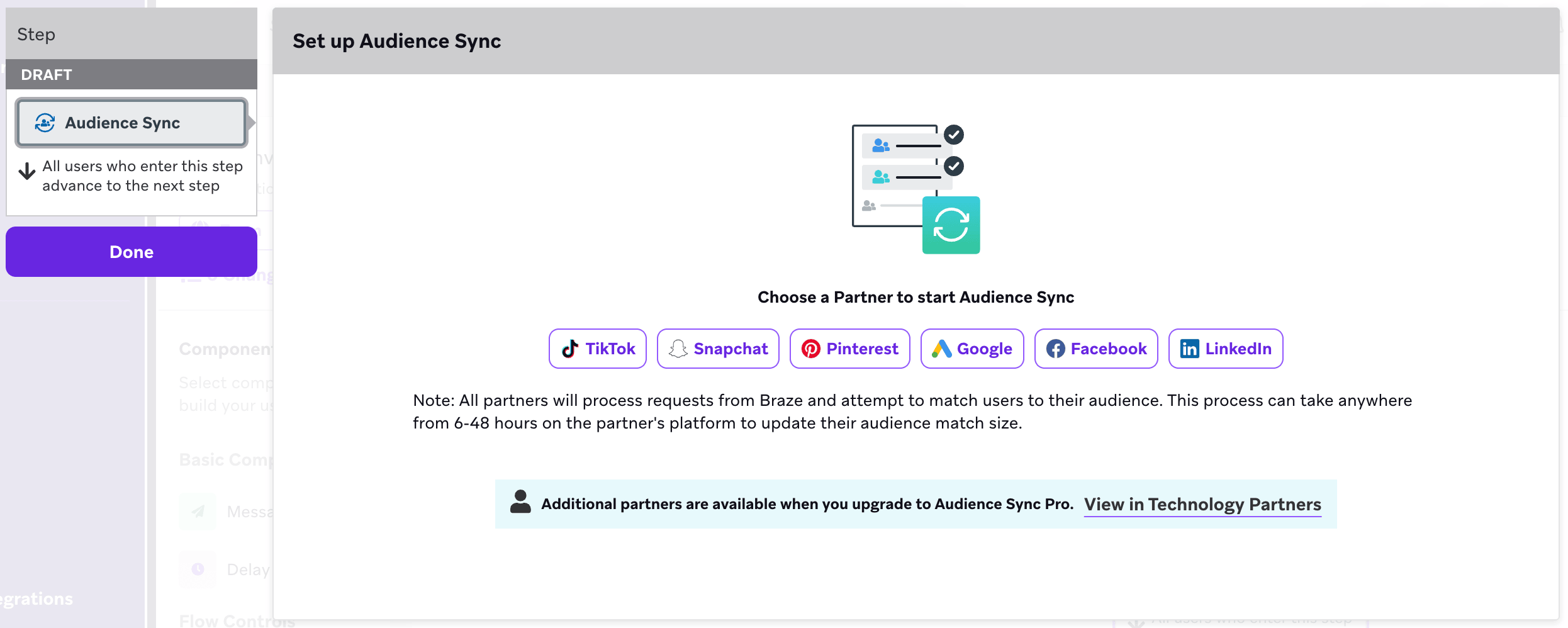 Die Einstellungen des Audience Sync-Schritts mit der Option, einen Partner auszuwählen, um die Synchronisierung zu starten.