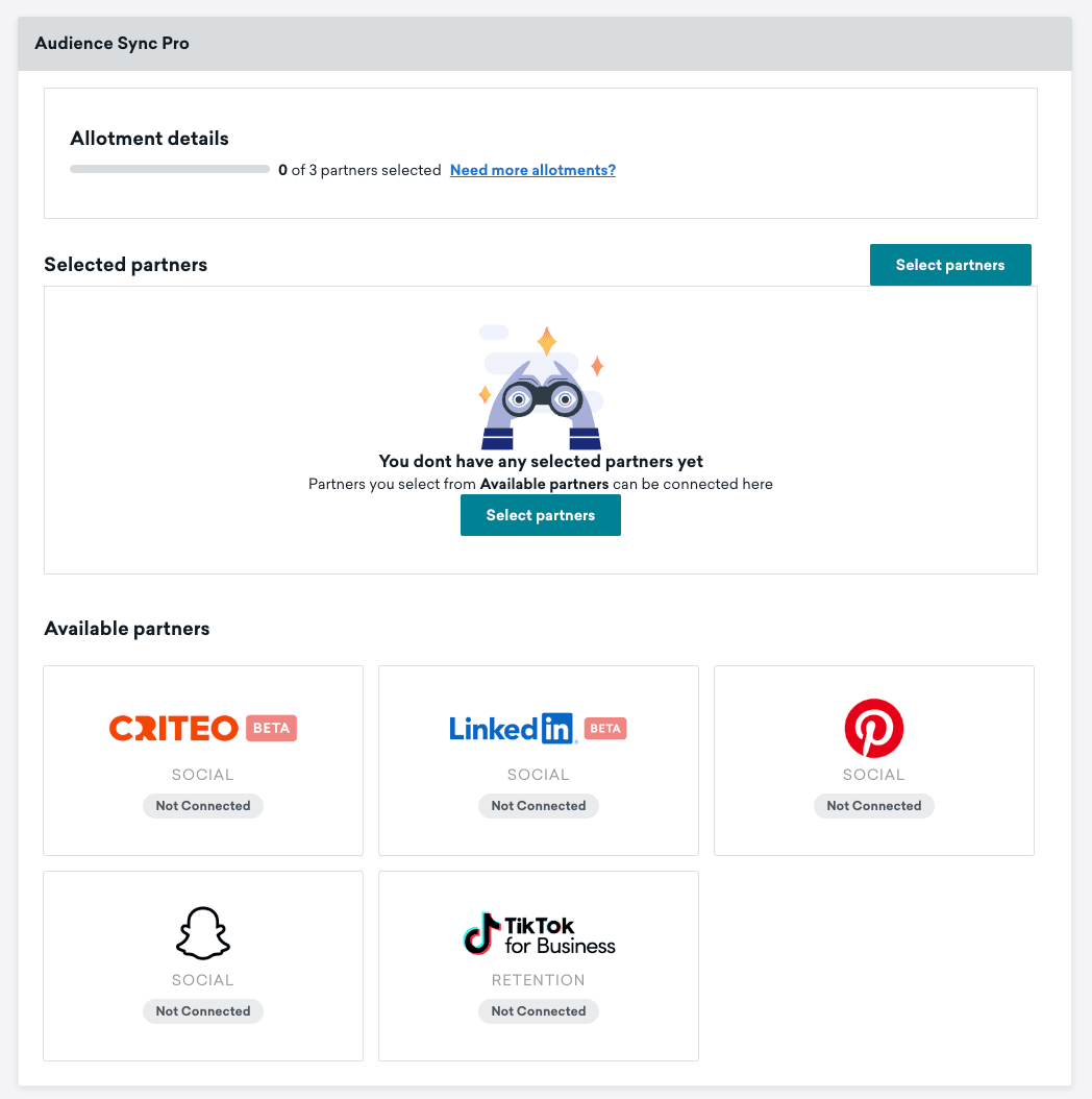 Audience Sync Pro, für das noch keine Partner ausgewählt wurden.