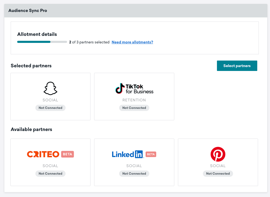 Ein Beispiel für Snapchat und TikTok, die als Partner für Audience Sync ausgewählt wurden.