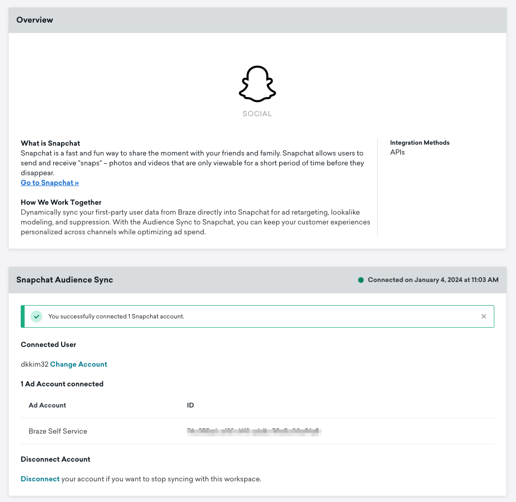 Snapchat Audience Sync-Einstellungen mit der Nachricht: „Sie haben erfolgreich 1 Snapchat-Konto verbunden“.