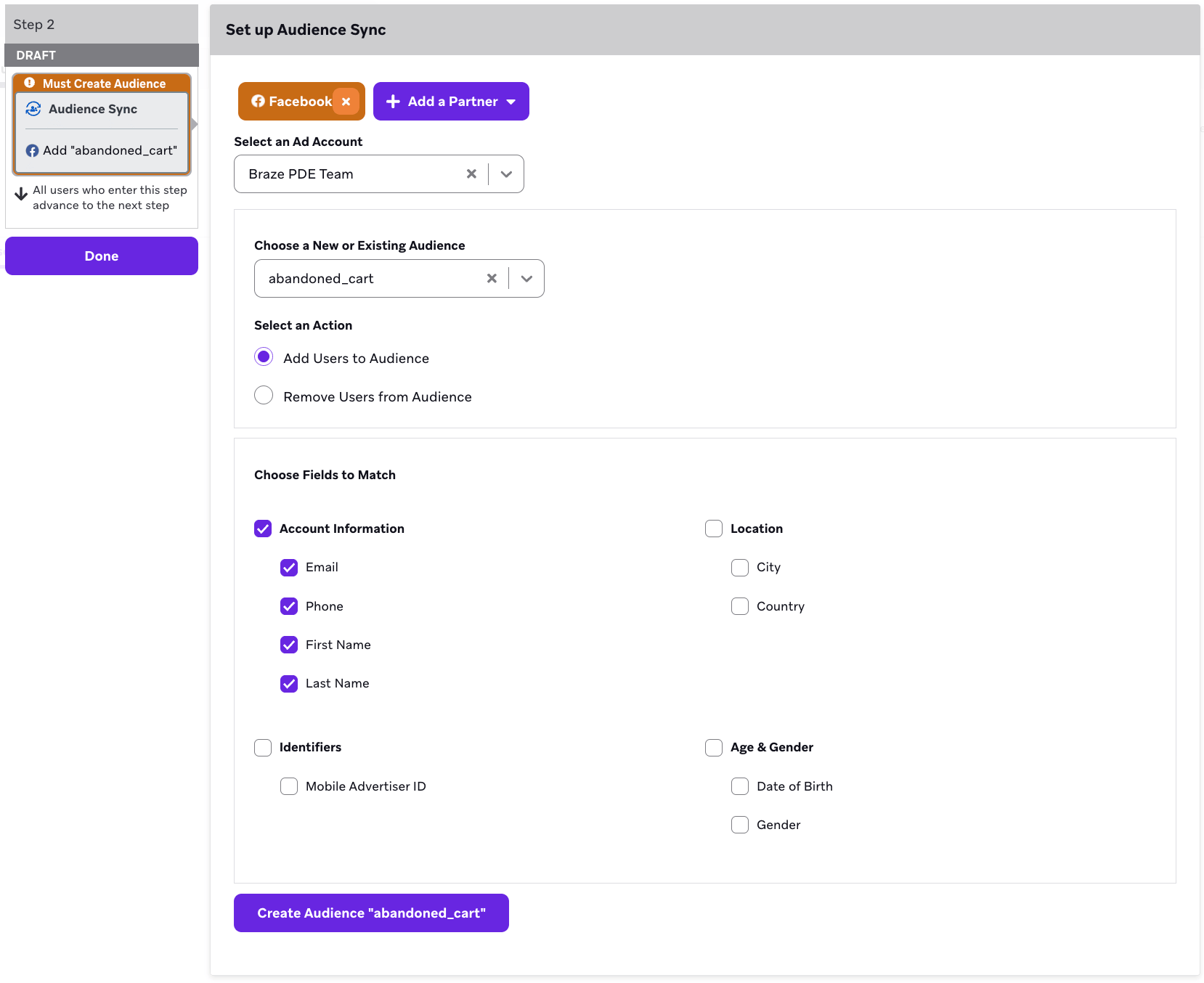 Audience-Sync-Einrichtung für eine Zielgruppe mit den passenden Informationen zu E-Mail, Telefon, Vorname und Nachname.