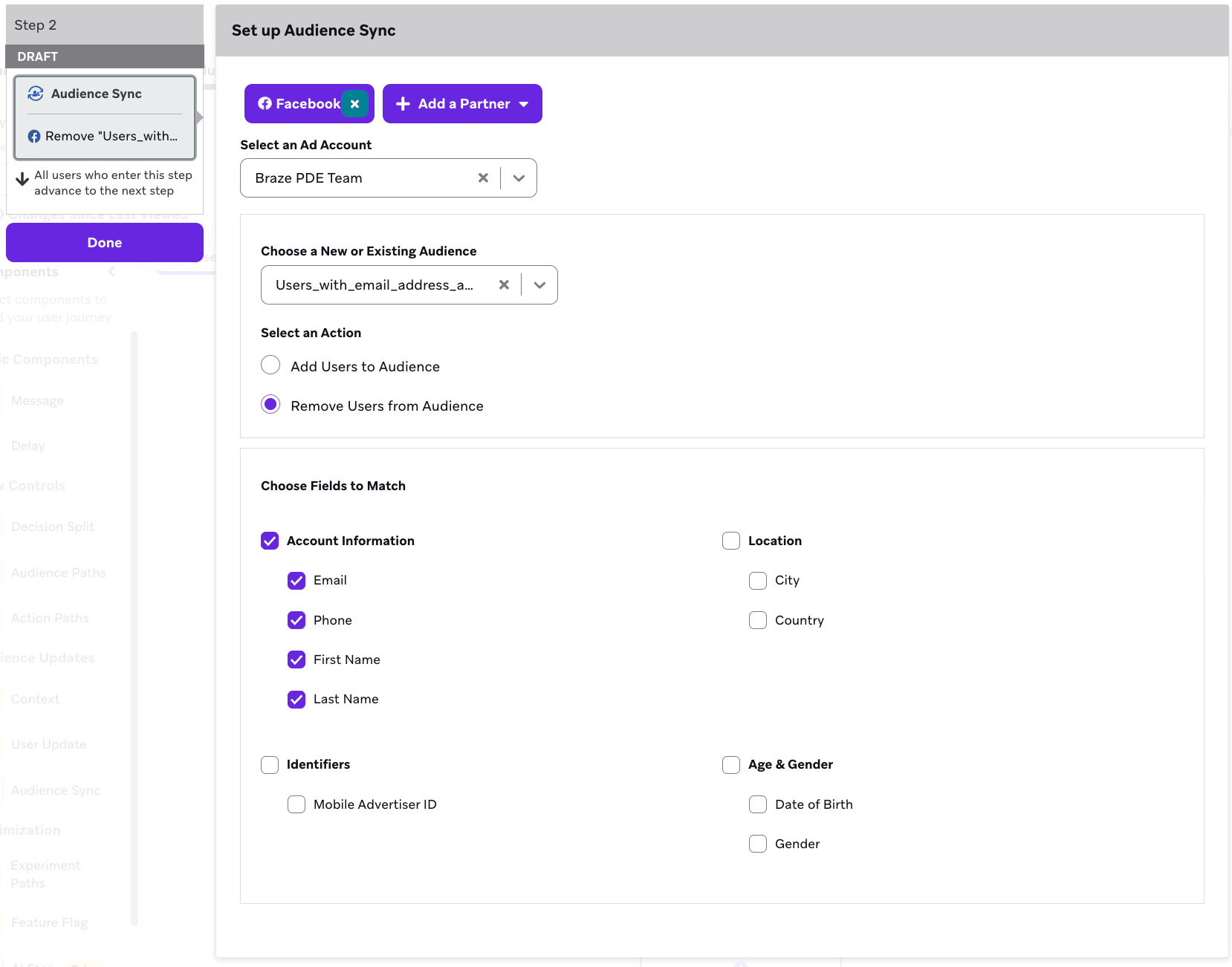 Audience-Sync-Einrichtung zum Entfernen der Informationen zu E-Mail, Telefon, Vorname und Nachname.