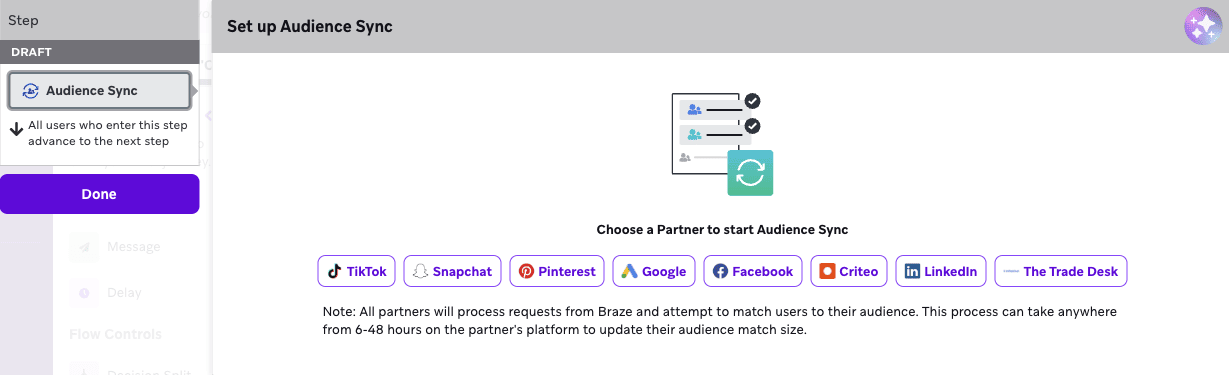 Option zur Auswahl Ihres Partners für die Synchronisierung mit dem Audience Sync-Schritt.