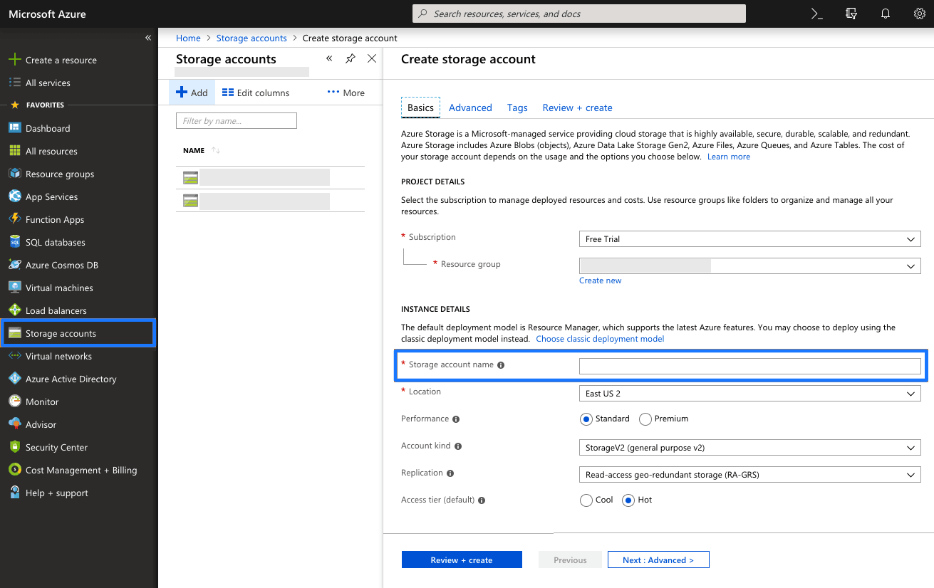 Die Seite „Speicherkonto erstellen“ in Microsoft Azure auf dem Tab „Basics“ mit hervorgehobenem Feld für den Speicherkontonamen.