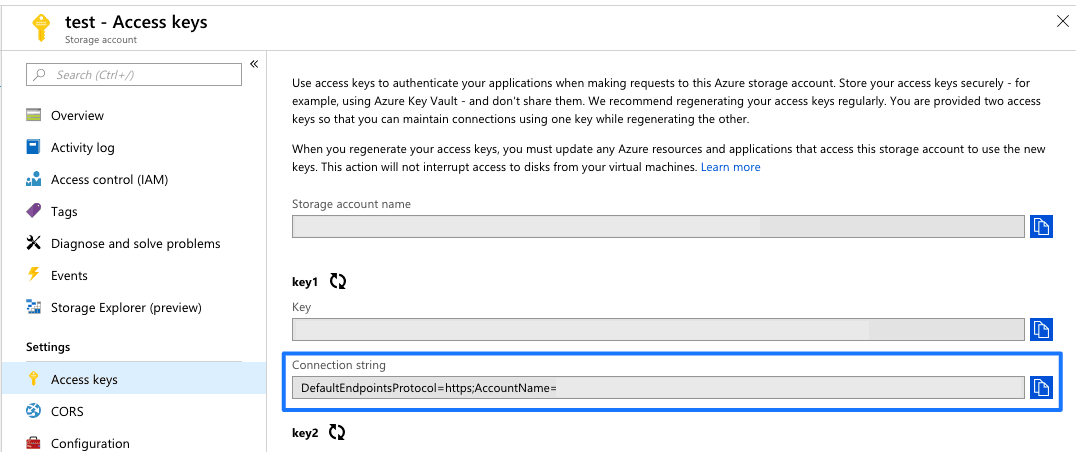 Die Seite „Access Keys“ für ein Azure-Speicherkonto mit hervorgehobenem Feld für die Verbindungszeichenfolge unter „key1“.