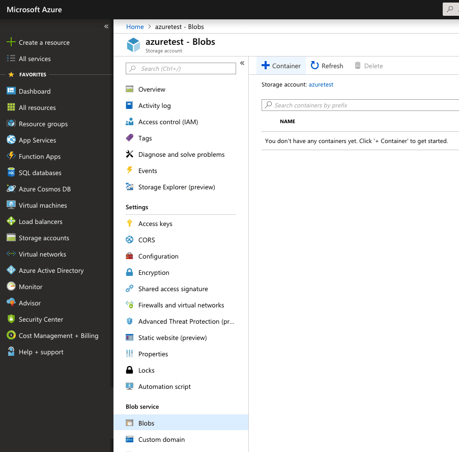 Die Seite „Blobs“ für ein Azure-Speicherkonto unter „Blob Service“ mit der Option, einen Container hinzuzufügen.