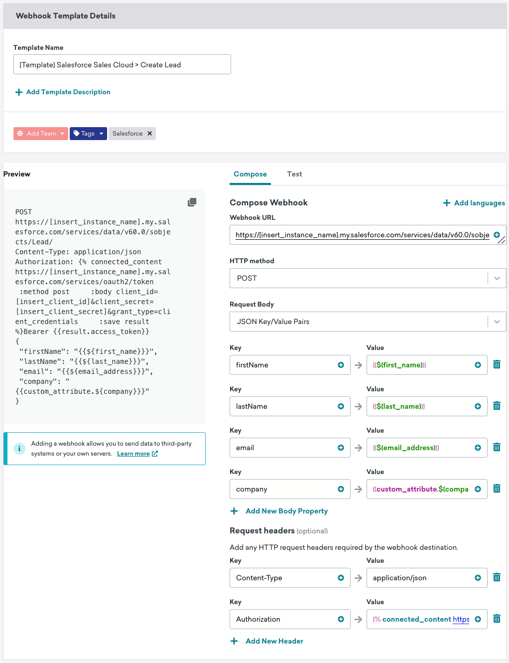 Ein ausgefülltes Webhook-Template zum Erstellen eines Leads.