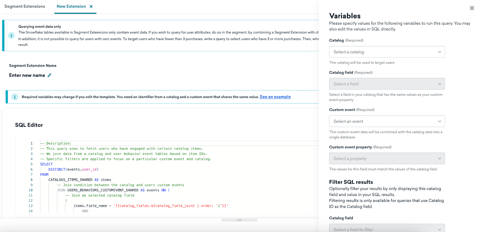 Ein SQL-Editor für eine neue Erweiterung mit einem geöffneten Tab „Variables“.