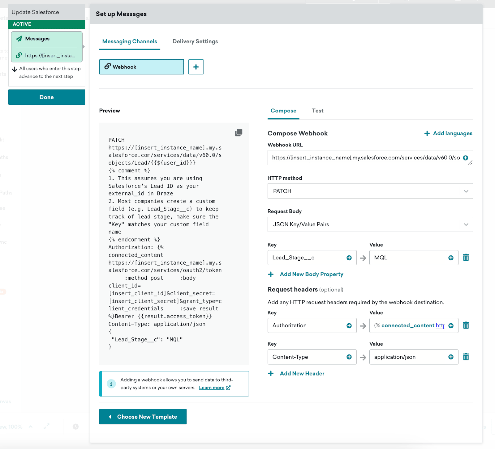 Der Webhook-Schritt „Update Salesforce“ mit ausgefüllten Details.