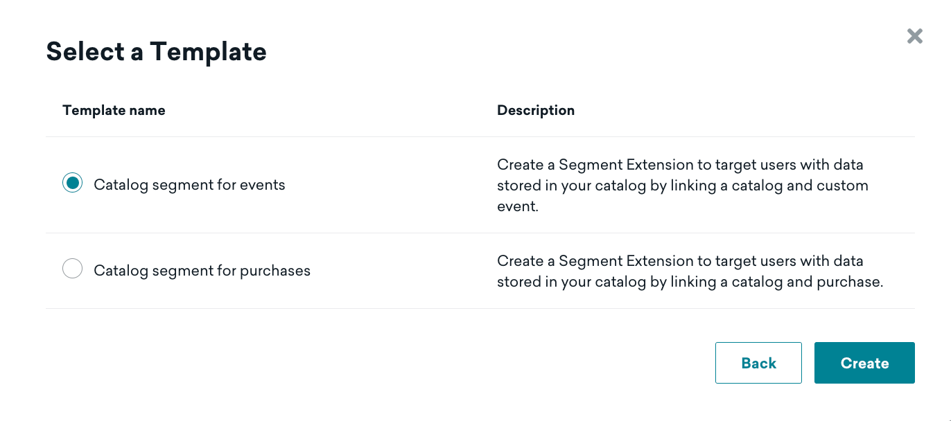 Modal „Template auswählen“ mit Katalogsegment-Optionen für Events oder Käufe.