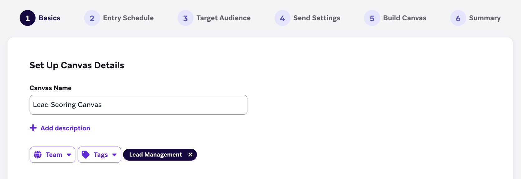 1. Schritt der Erstellung eines Canvas mit dem Namen „Lead Scoring Canvas“ und dem Tag „Lead Management“.