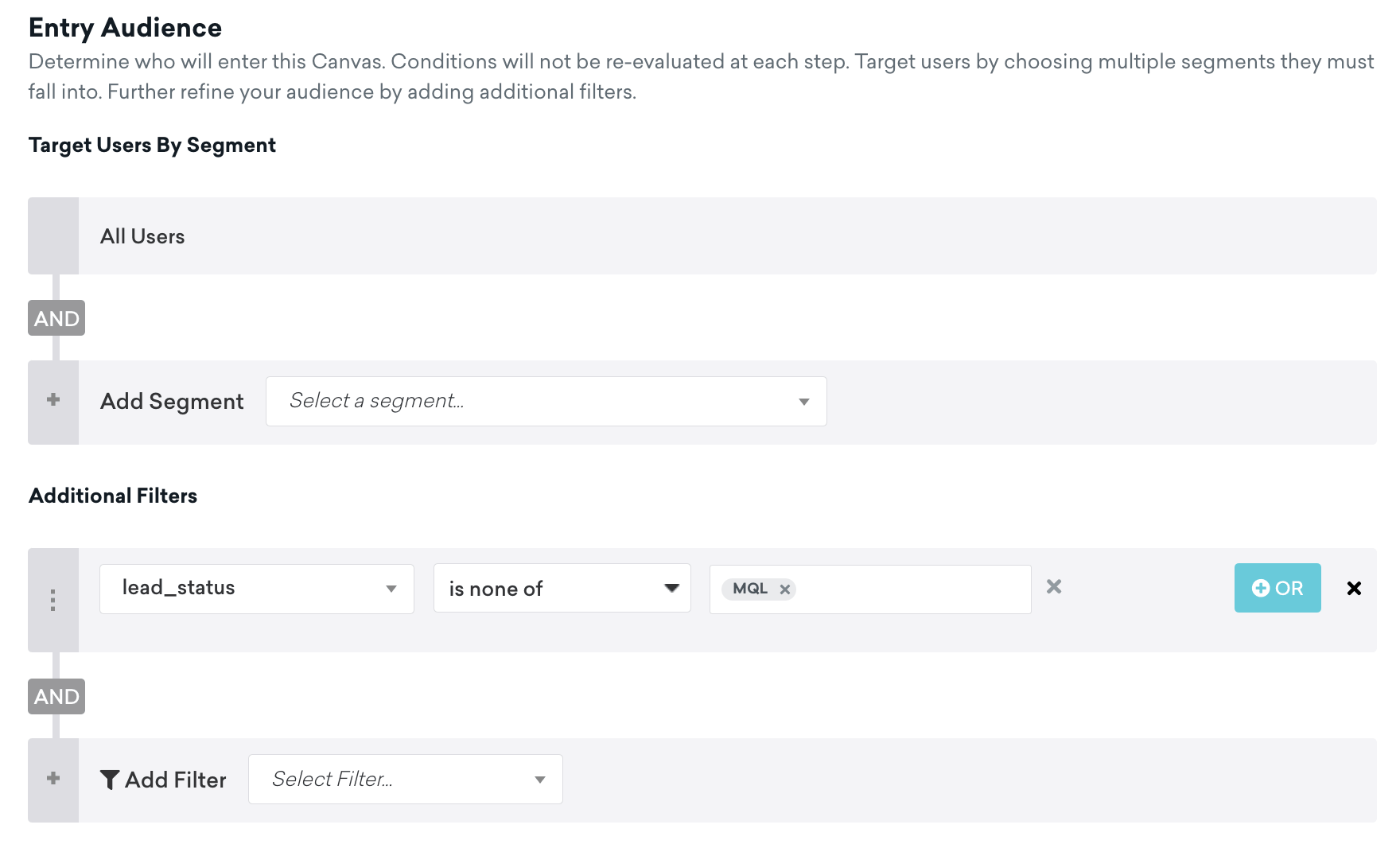 Webhook-Targeting-Optionen mit dem Filter „lead_status“ ist keiner von „MQL“.