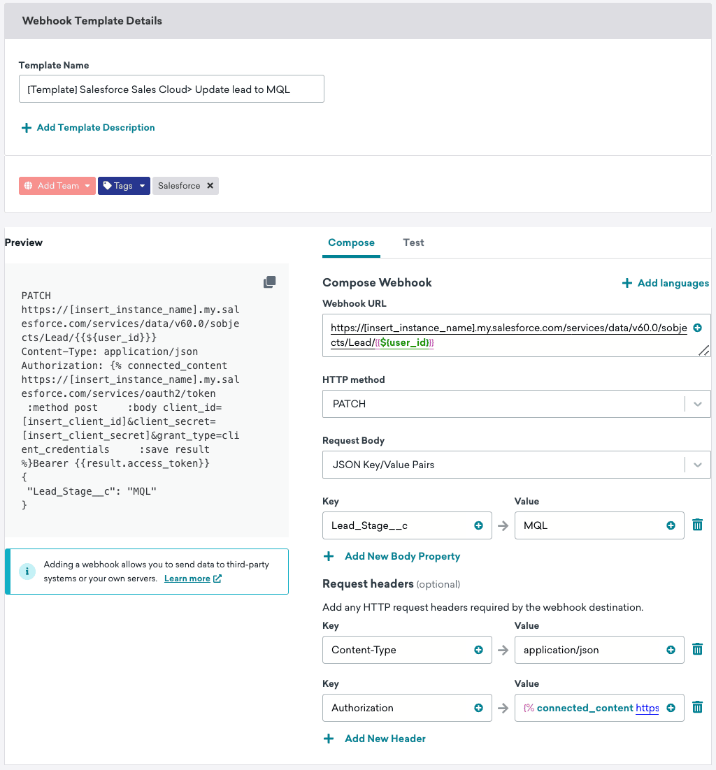 Ein ausgefülltes Webhook-Template zum Aktualisieren eines Leads.