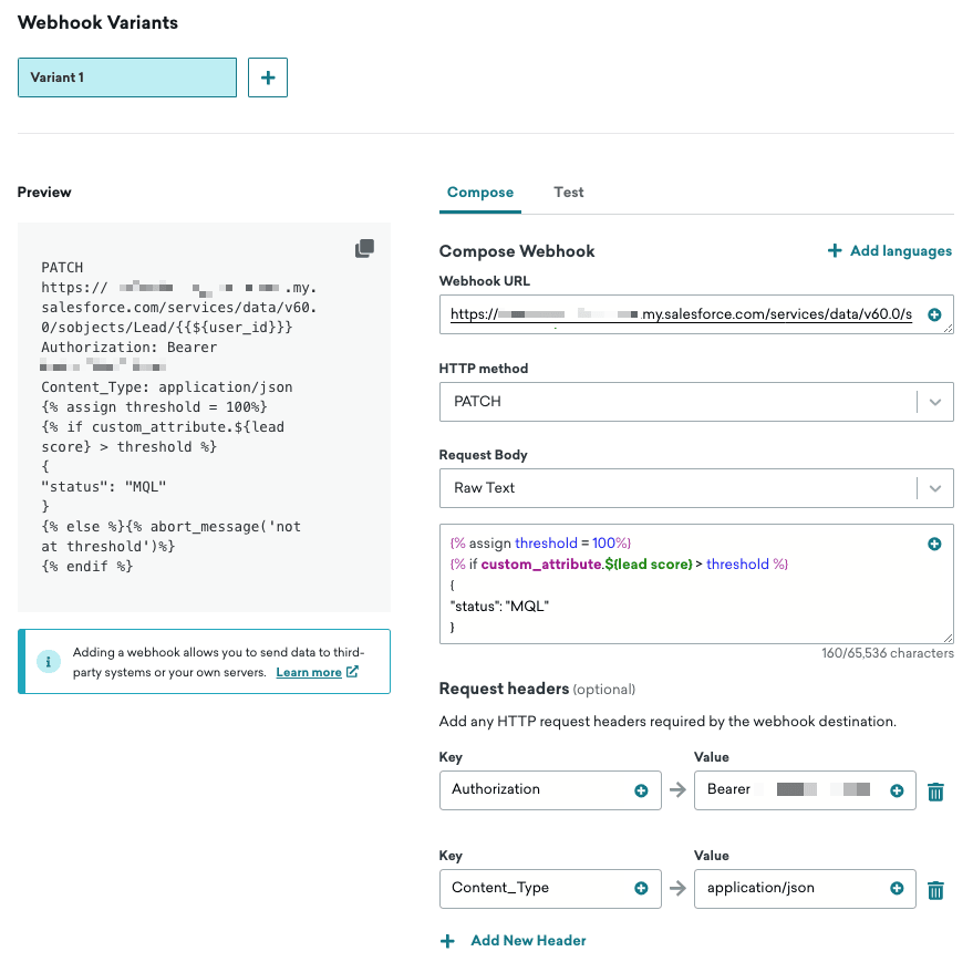 Webhook, der mit einer Salesforce-Webhook-URL, der HTTP-Methode PATCH, einem Rohtext-Anfragetext und Anfrage-Headern verfasst wird.