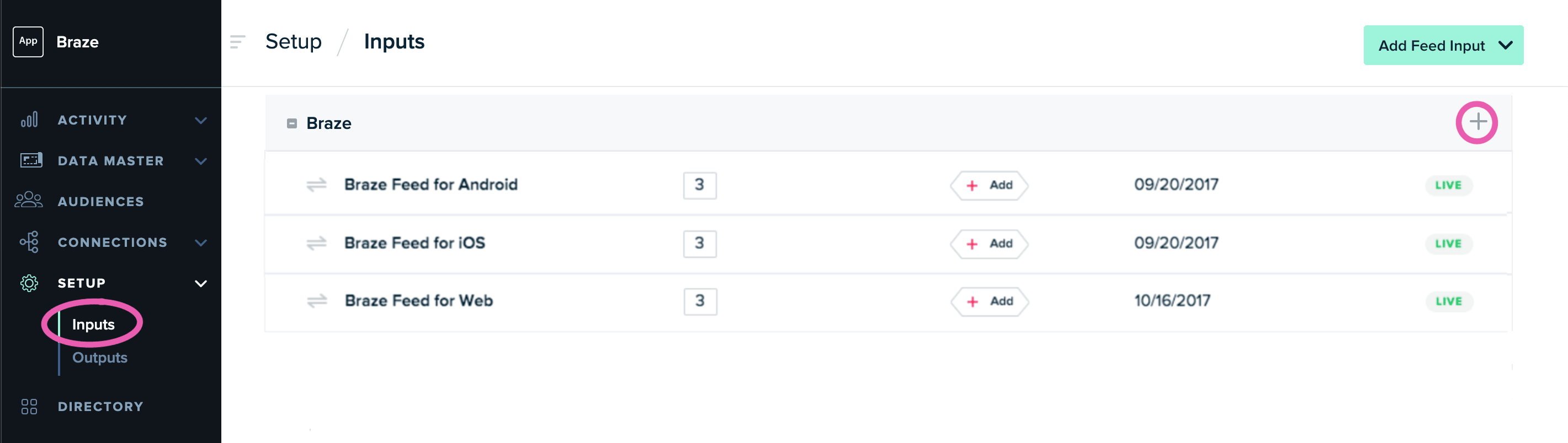 Einrichtung der mParticle-Feed-Inputs mit den Braze-Feed-Optionen für iOS, Android, Internet und Ungebunden.