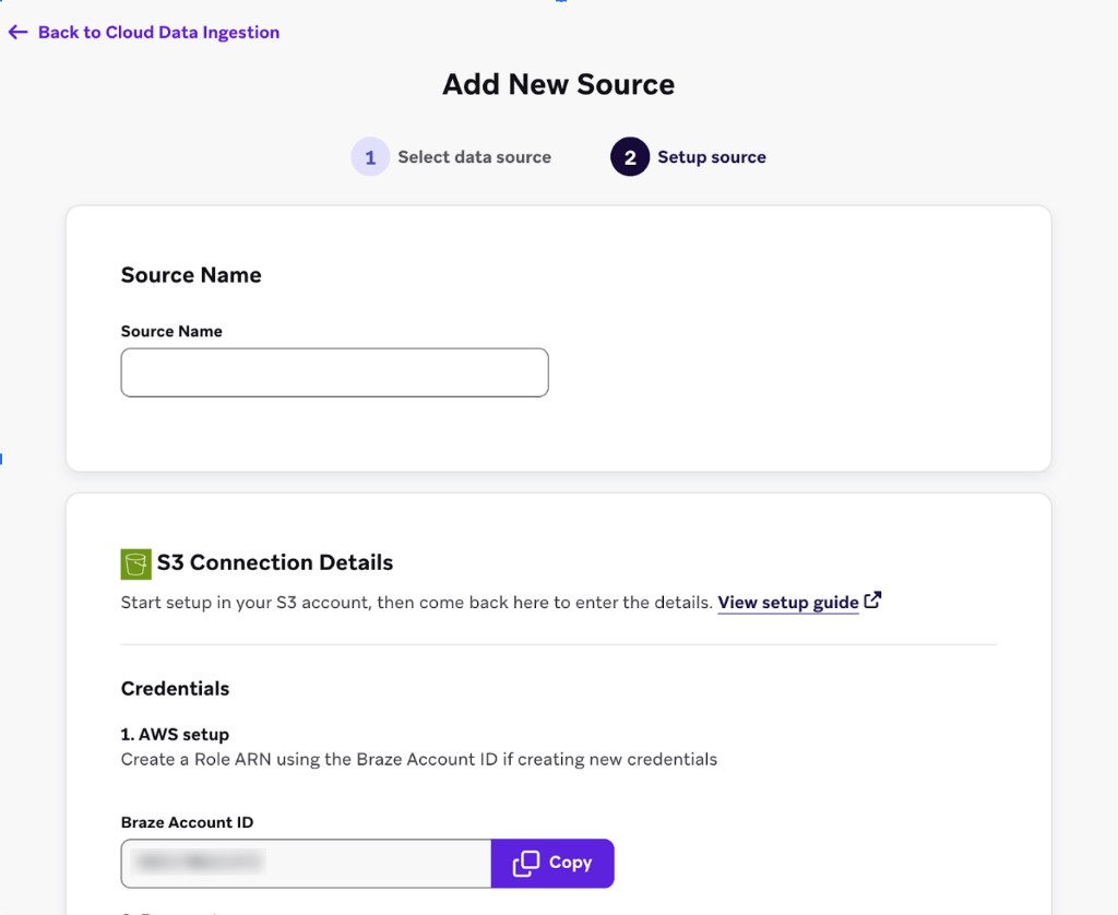 Die Seite „Add New Source“ mit den Abschnitten „Source Name“ und „S3 Connection Details“.