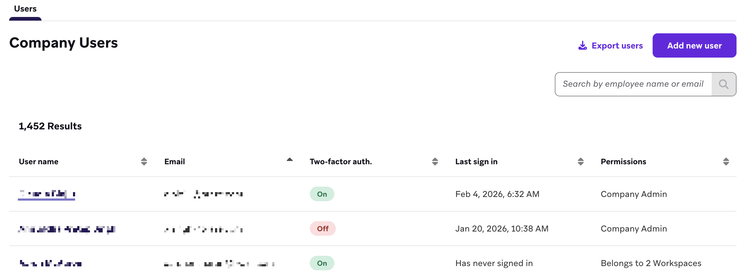 Die Seite „Unternehmensnutzer:innen“ in Braze mit einer Tabelle der Dashboard-Nutzer:innen.