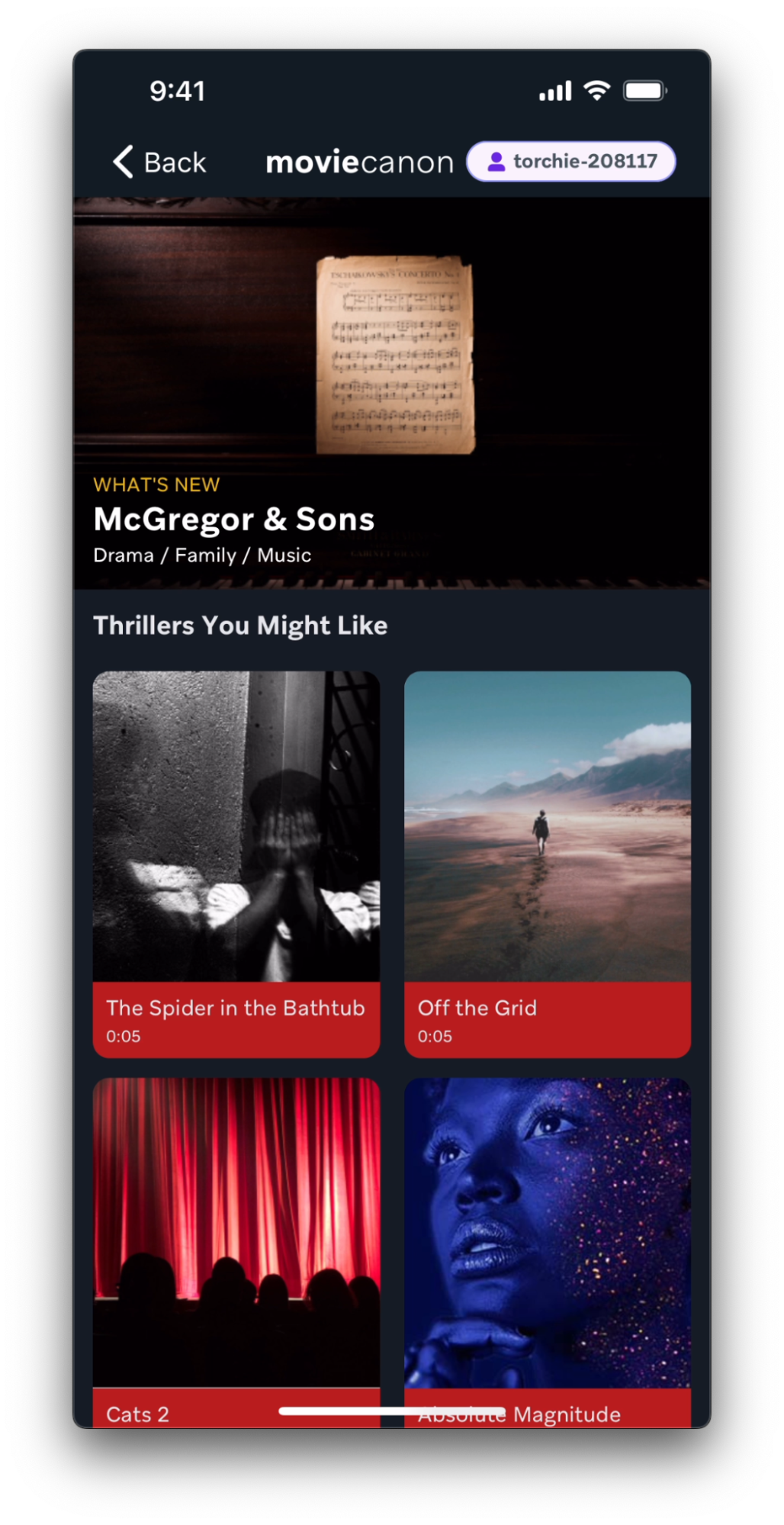 Die MovieCanon-App mit einer Auswahl an verschiedenen Thrillern zum Anschauen.