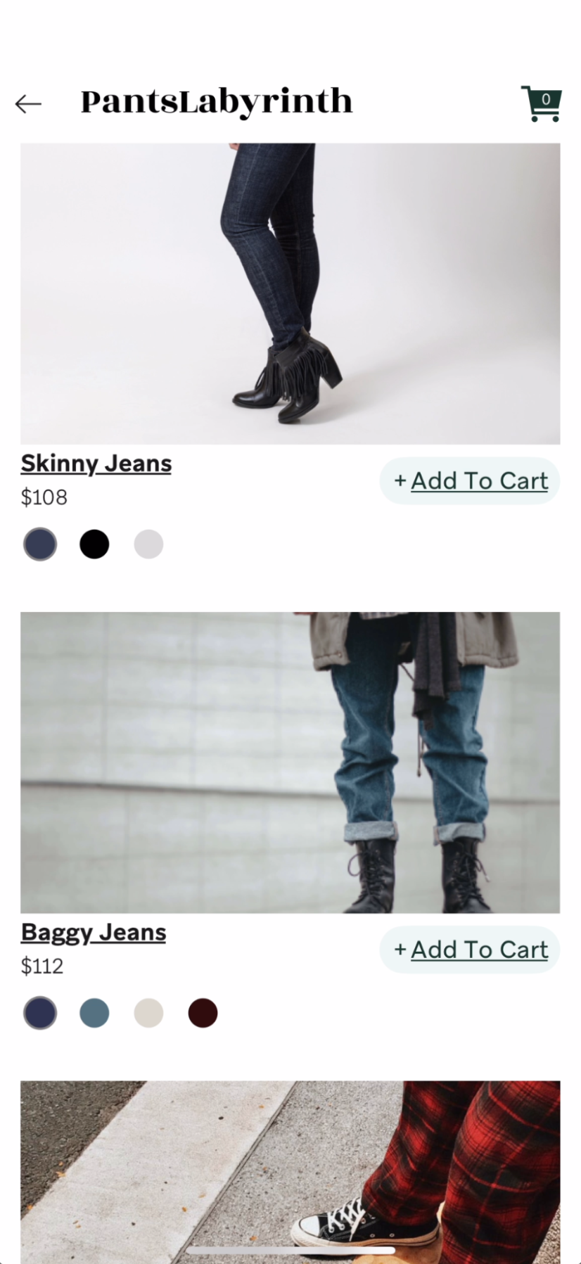 Eine Produktseite für PantsLabyrinth mit Optionen zum Hinzufügen von Jeans zum Warenkorb.