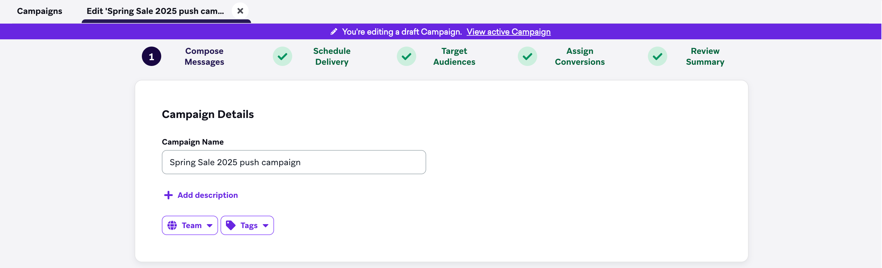 Ein Entwurf einer aktiven Kampagne mit der Option, die aktive Kampagne anzuzeigen.