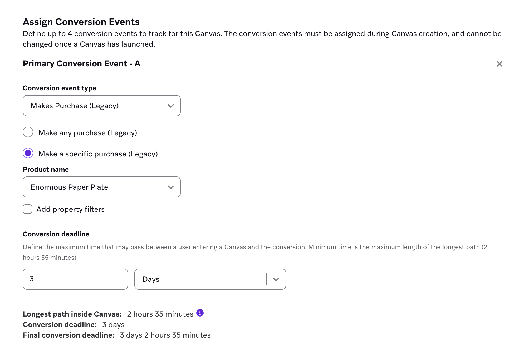 Primäres Konversions-Event – A mit dem Conversion-Typ „Makes Purchase“ und dem Produktnamen „Enormous Paper Plate“. Es gibt eine 3-Tage-Conversion-Frist.