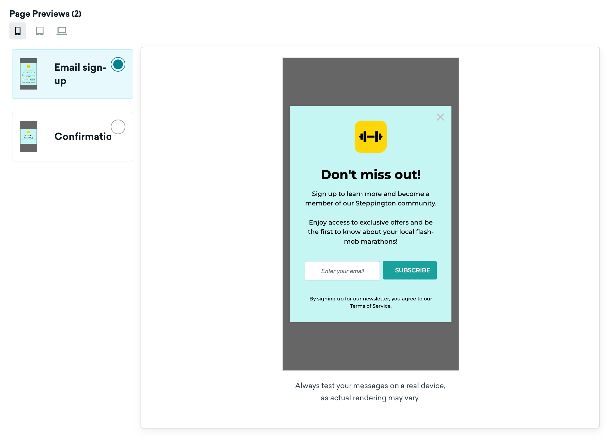 Zwei Seiten einer In-App-Nachricht zur Erfassung von Nutzer-E-Mails und Anzeige einer Erfolgsmeldung.