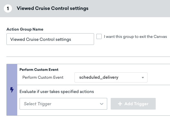 Der Name der Aktionsgruppe ist auf „Used Feature >3x“ gesetzt und „Perform Custom Event“ ist auf „scheduled_delivery“ gesetzt.