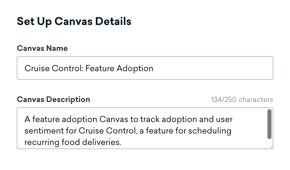 Der neue Name und die neue Beschreibung für das Canvas. Die neue Beschreibung lautet: „Ein Feature-Adoption-Canvas zur Verfolgung der Adoption und Nutzer:innen-Stimmung für Cruise Control, ein Feature zur Planung wiederkehrender Essenslieferungen.“