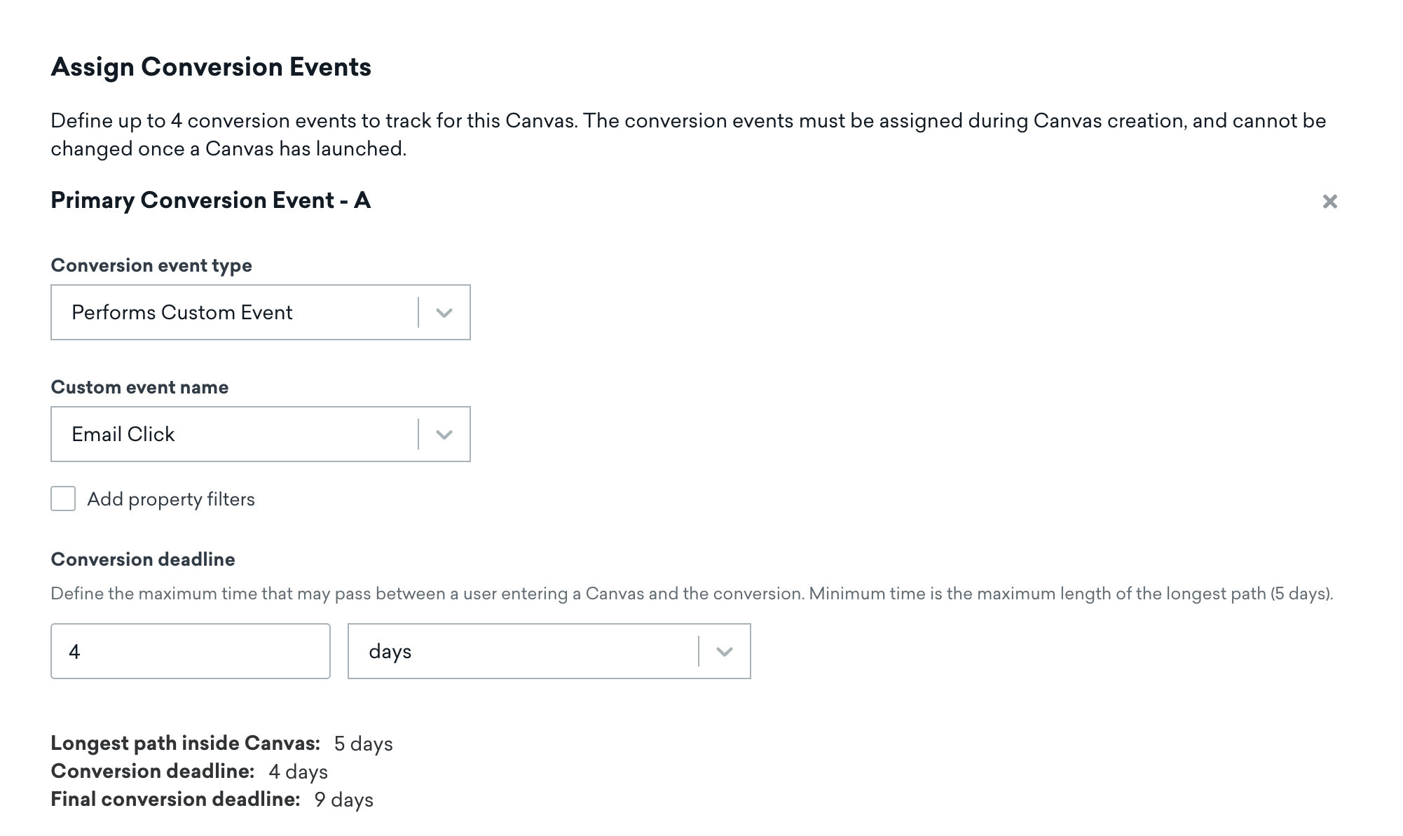 Primäres Konversions-Event – A mit dem Konversionstyp „Performs Custom Event“ und dem angepassten Event-Namen „Email Click“. Es gibt eine Konversionsfrist von 4 Tagen.