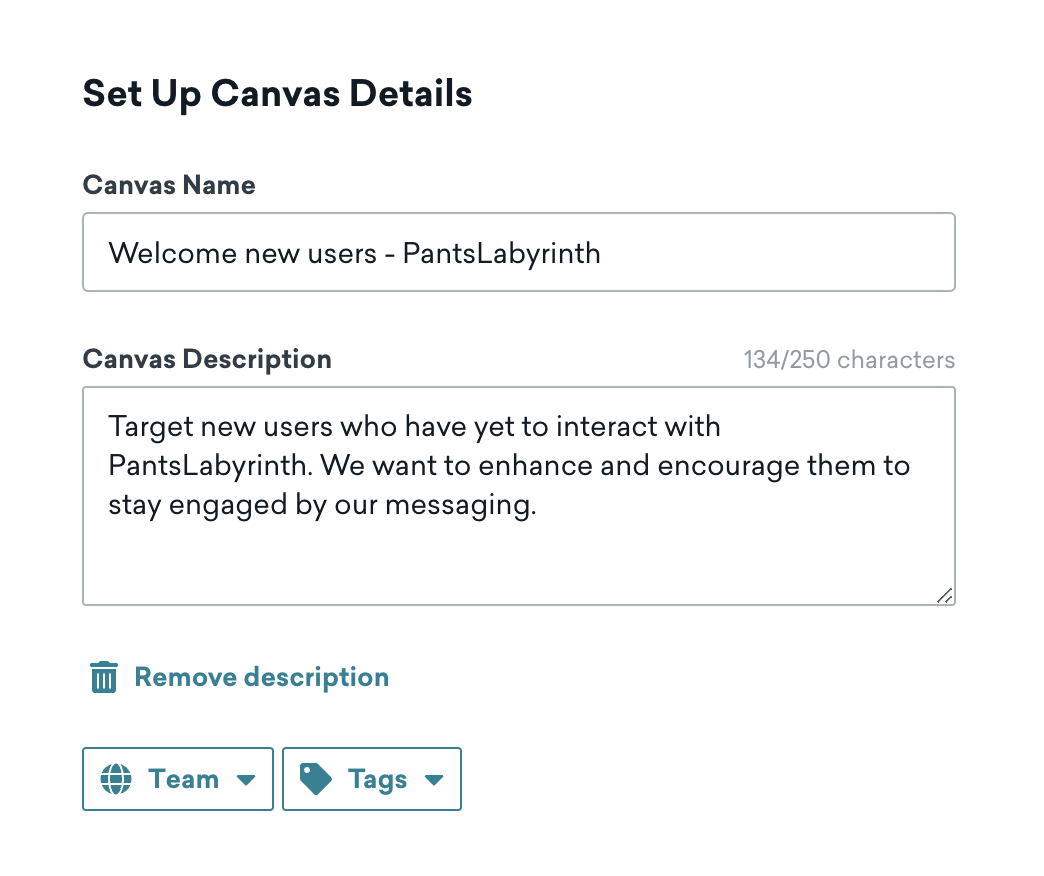 Der neue Name, die Beschreibung und der Tag für das Canvas.